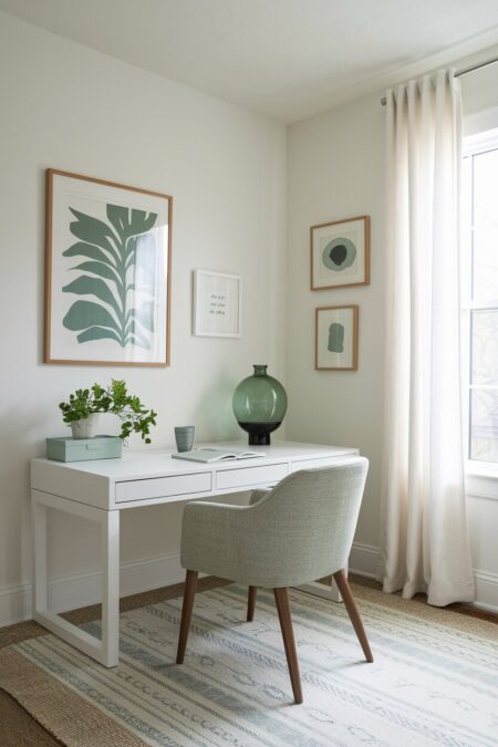neutral home office with sage green accessories, a sage green glass vase, and framed prints