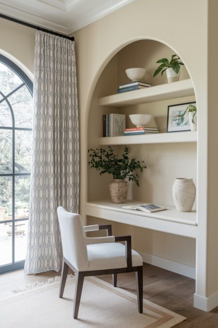 neutral Mediterranean style home office with a built-in desk and shelves in the arched alcove
