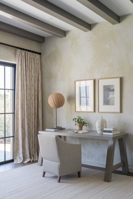 neutral Mediterranean style home office with limewash walls, a striped chair, and a gray desk