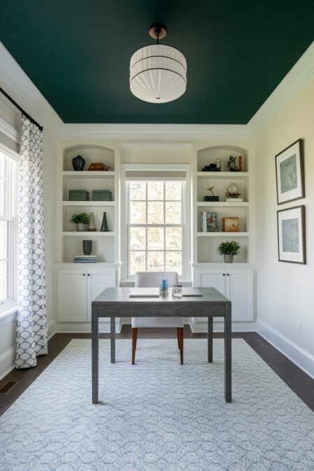 off-white home office with a dark green ceiling and gray desk