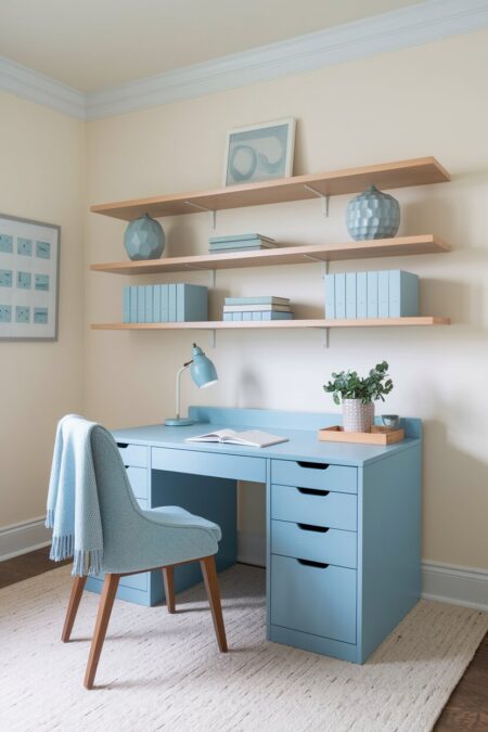 off-white home office with a pastel powder blue desk and natural wood floating shelves