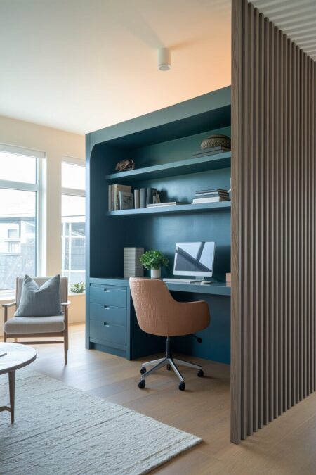 open space contemporary home office with slatted wood screen room divider