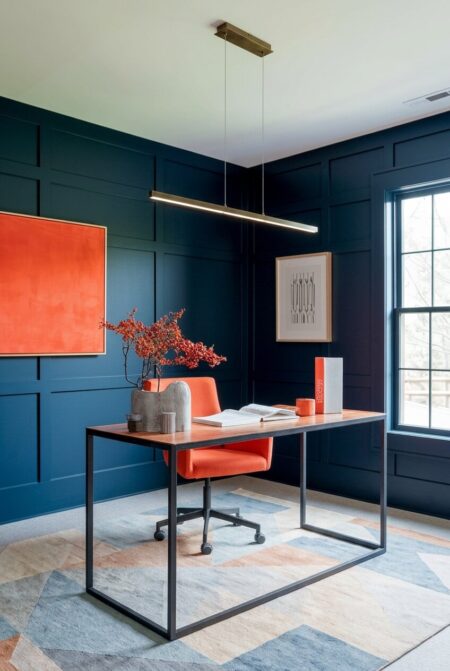 orange and navy blue home office