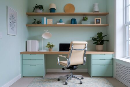 pastel home office in green with a cream office chair, wooden shelves and desk surface