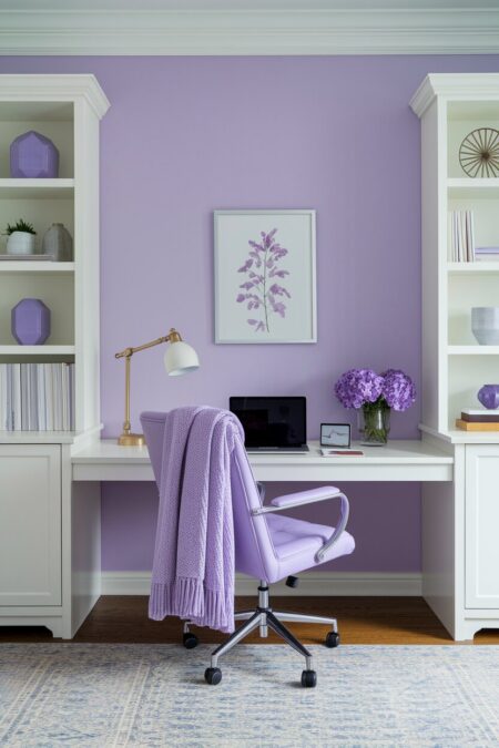 pastel home office with a lavender accent wall and white furniture