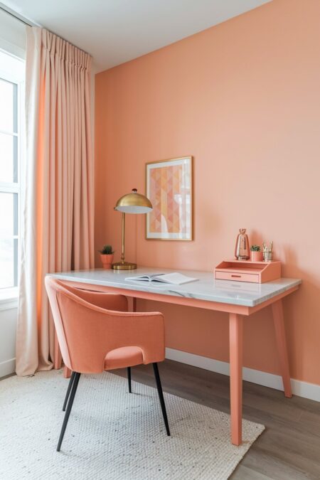 pastel peach home office with a brass desk lamp and marble desk surface