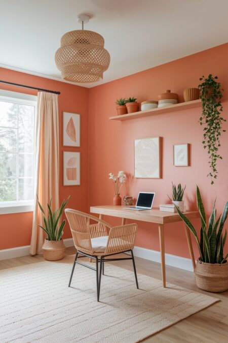 peach home office with rattan furniture and cream linens, terracotta pots and houseplants