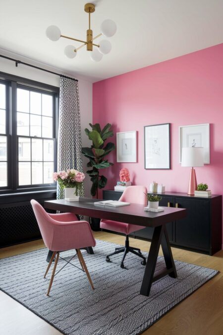 pink and black home office with a rose gold table lamp base