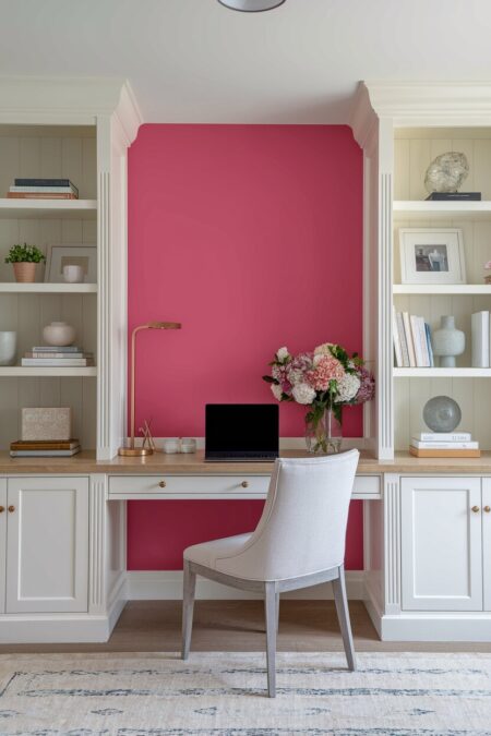 pink home office with a pink accent wall and cream built-ins
