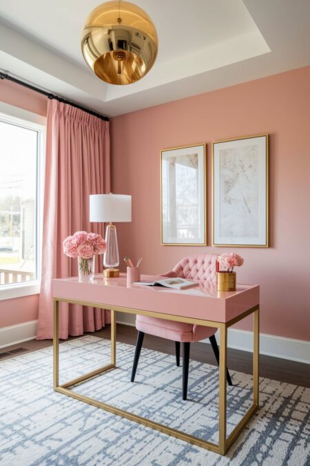 pink home office with gold accents