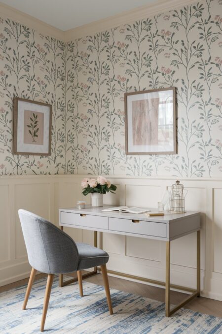 romantic home office has a wallpaper with trailing vines and lower board and batten in cream color