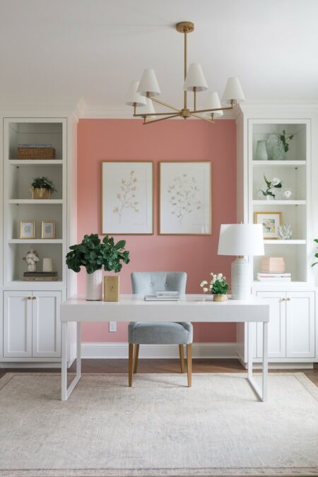 romantic home office with a blush pink accent wall, white furniture, and a gray chair