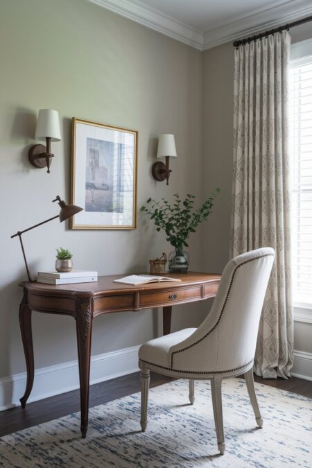 romantic home office with a vintage curved wooden desk with carved legs
