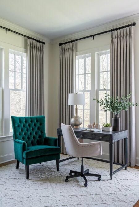 romantic home office with an emerald tufted velvet chair