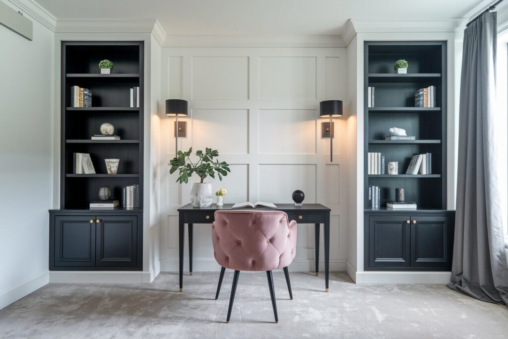 romantic home office with black furniture and a muted pink tufted chair