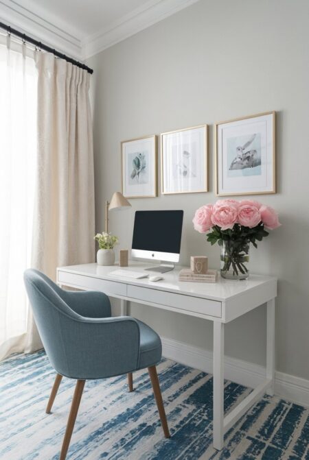 romantic home office with gray walls and fresh flowers in a vase on the white desk
