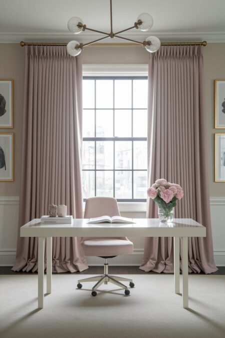 romantic home office with pink silk curtains and a white desk