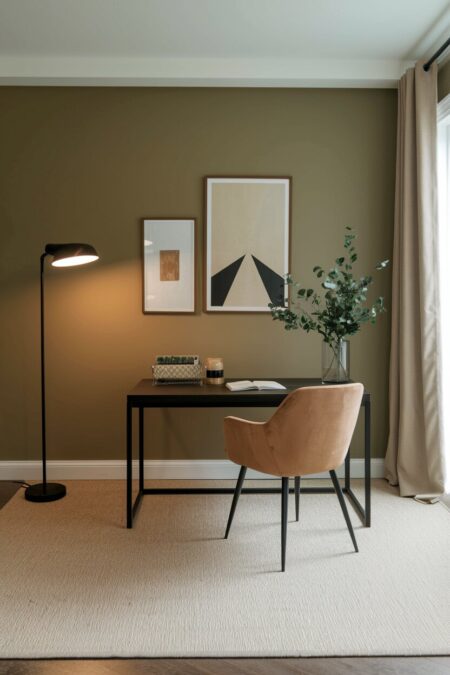 sage green home office with a black desk and floor lamp, neutral velvet chair