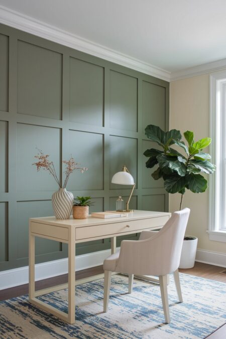 sage green home office with a cream desk, vase, and painted wall