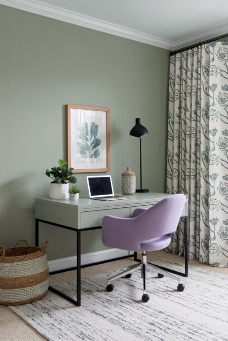 sage green home office with a lavender desk chair and black accents