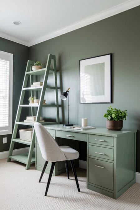 sage green home office with a painted desk and a sage green ladder bookshelf
