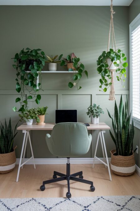 sage green home office with houseplants on the desk, floating shelf, and floor