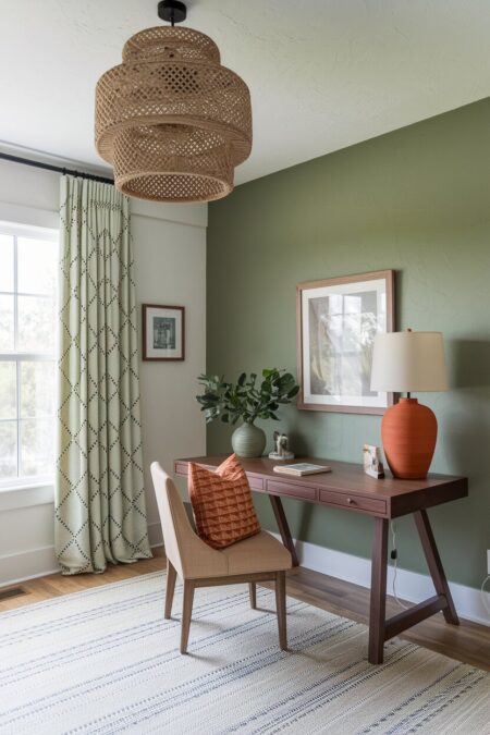 sage green home office with terracotta or burnt orange lamp base and a pillow