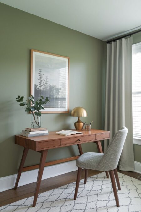 sage green home office with warm walnut wood desk and a brass lamp