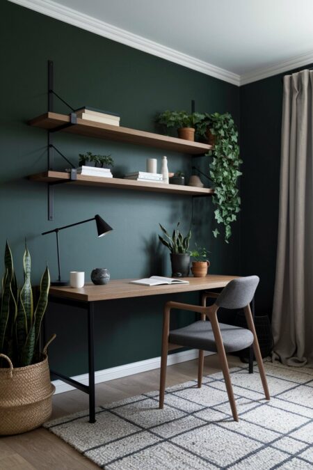 Scandinavian style dark home office with deep green walls, smoked oak desk and floating shelves