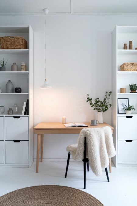 Scandinavian white home office with a simple birch desk, a sheepskin draped over a chair, and a single pendant light