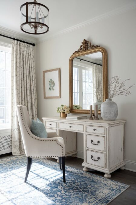 shabby chic home office has a mirror with an aged gilt frame and a distressed white desk