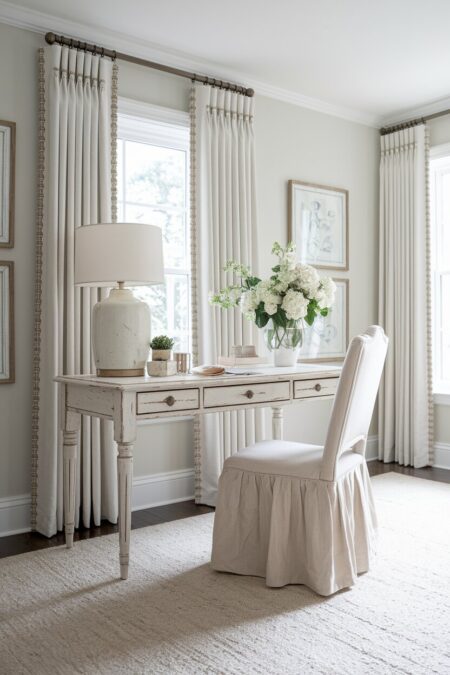 shabby chic home office with a distressed white desk and slipcovered chair