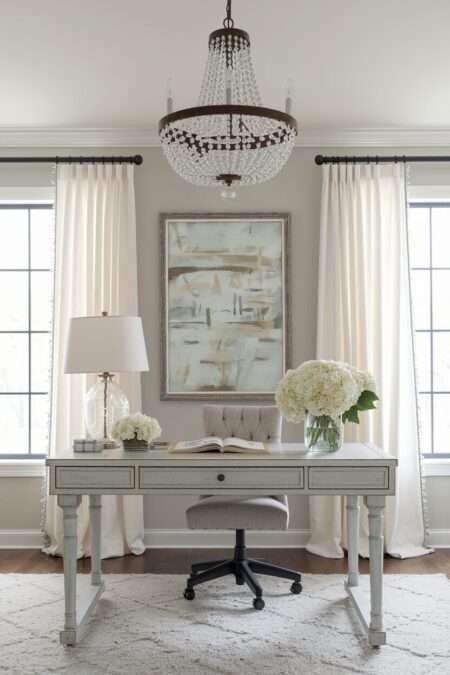 shabby chic home office with a small vintage-style crystal chandelier and tufted office chair