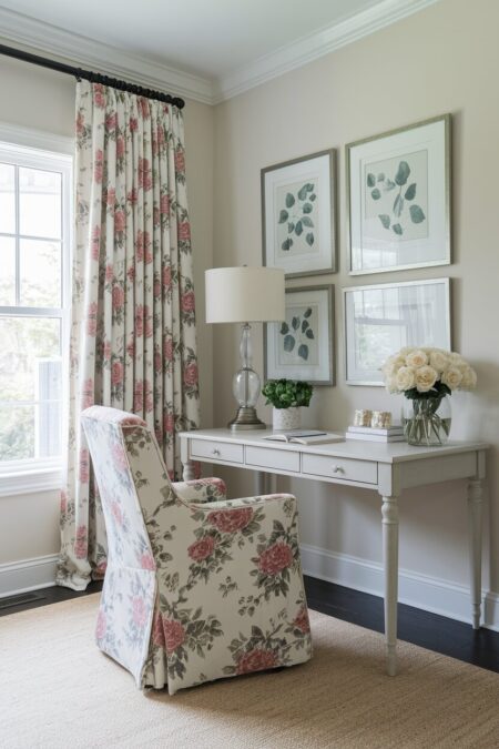 shabby chic home office with faded rose printed textile used for curtains and slipcovered chair