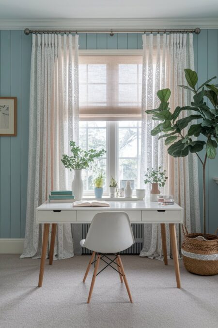 shabby chic home office with muted blue walls and sheer lace window panels