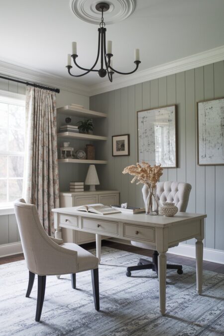shabby chic home office with muted gray walls and subtle black accents
