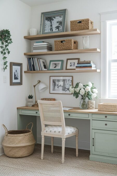 shabby chic home office with weathered light wood floating shelves and a light green desk
