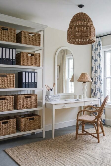 shabby chic home office with wicker storage baskets on open shelves and a rattan chair