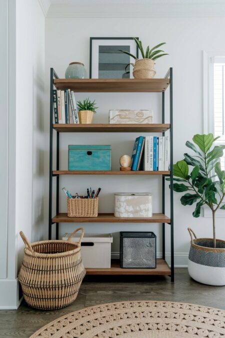 shelving unit with books, a rattan basket, a lacquered box, and metal bins used for storage