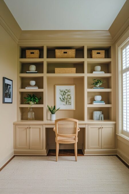 small beige home office with built-in storage