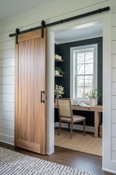 small black farmhouse home office with a wooden barn door