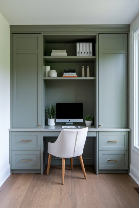 small contemporary home office with light gray built-in storage
