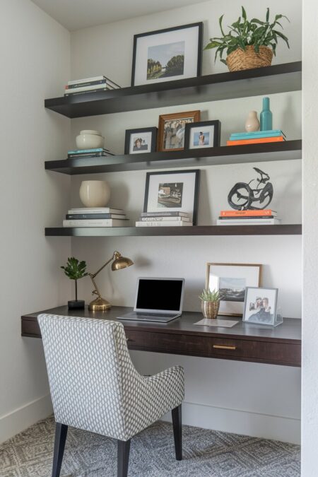 small cozy home office has dark wood floating shelves with books, photos, and travel souvenirs