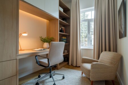 small cozy home office with an armchair