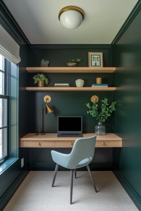 small forest green cozy home office with a light wood floating desk and shelves, brass lighting
