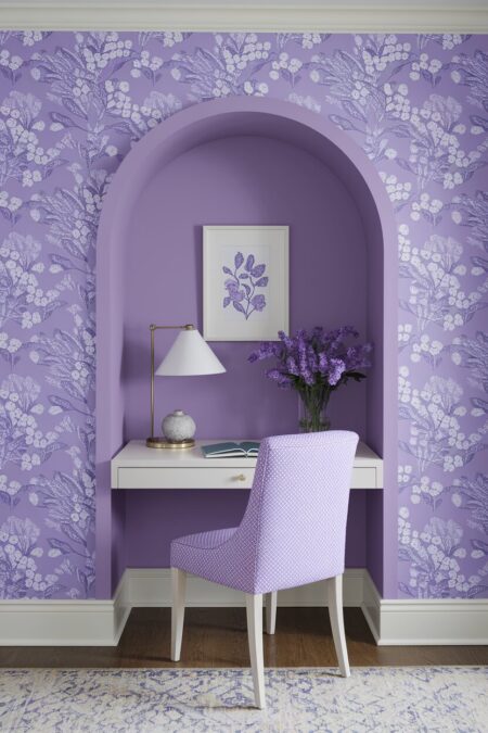 small lavender workspace nook and a lavender wallpaper on the wall