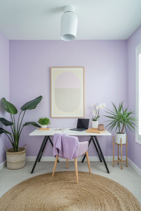 small light lavender home office with a jute rug and houseplants