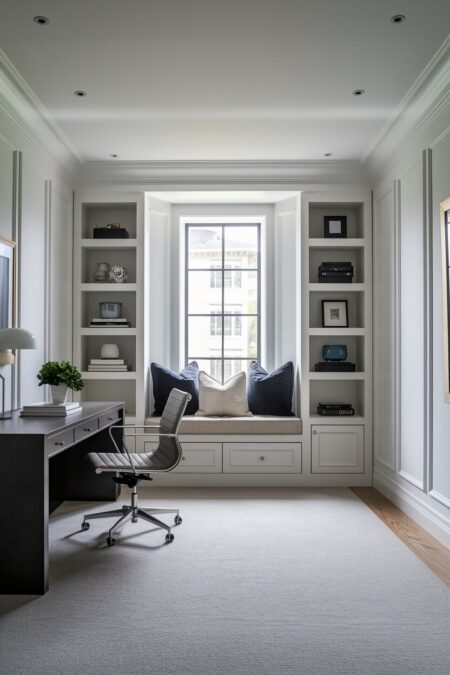 small luxury home office with white walls, a window seat, and wall moldings