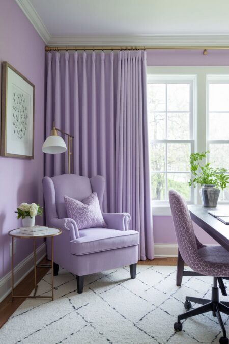 small reading nook with an armchair in a corner of the lavender home office