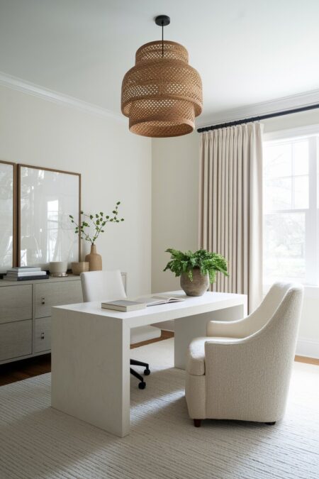 soft white home office with a boucle chair, a rattan pendant light, and linen curtains